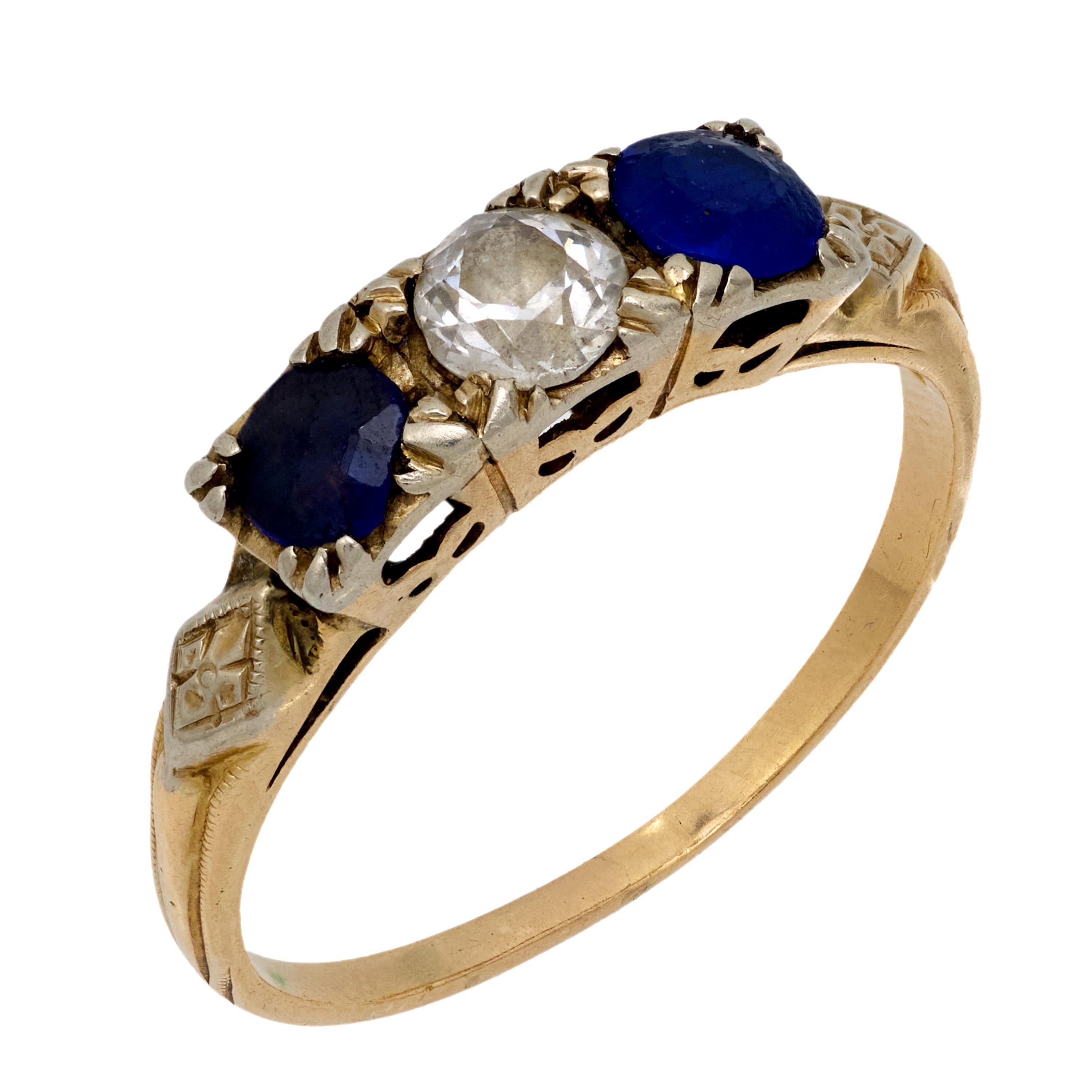 Victorian diamond sapphire 14k yellow gold 3 stone ring For Sale