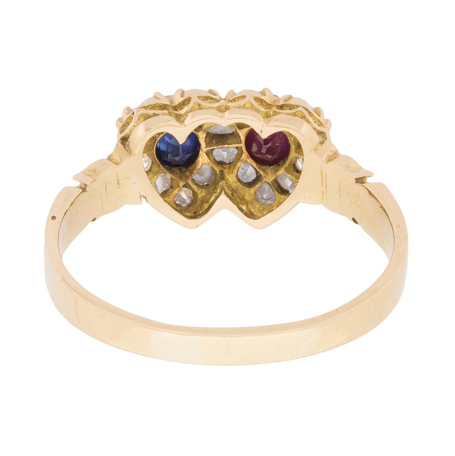 Women's or Men's Victorian Diamond, Sapphire and Ruby Heart Ring, circa 1890s