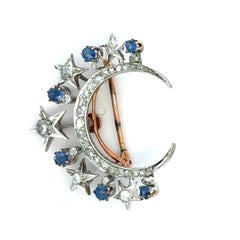 Victorian Diamond & Sapphire Crescent Moon Brooch in 18K Gold and Platinum