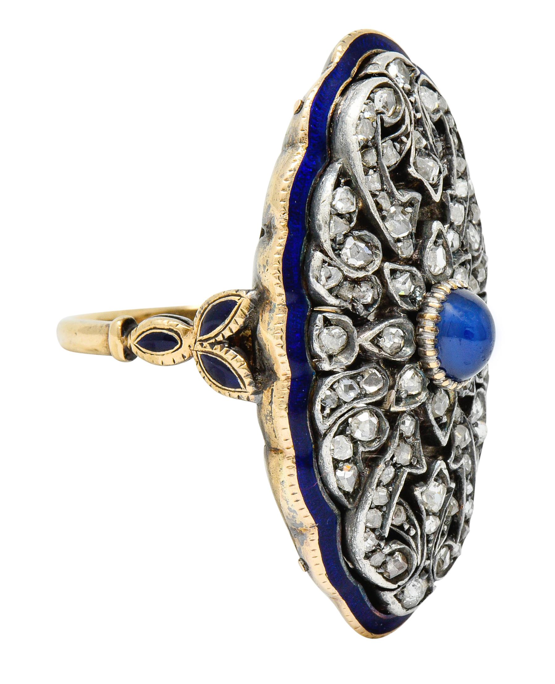 Cabochon Victorian Diamond Sapphire Enamel Silver-Topped 14 Karat Gold Dinner Ring