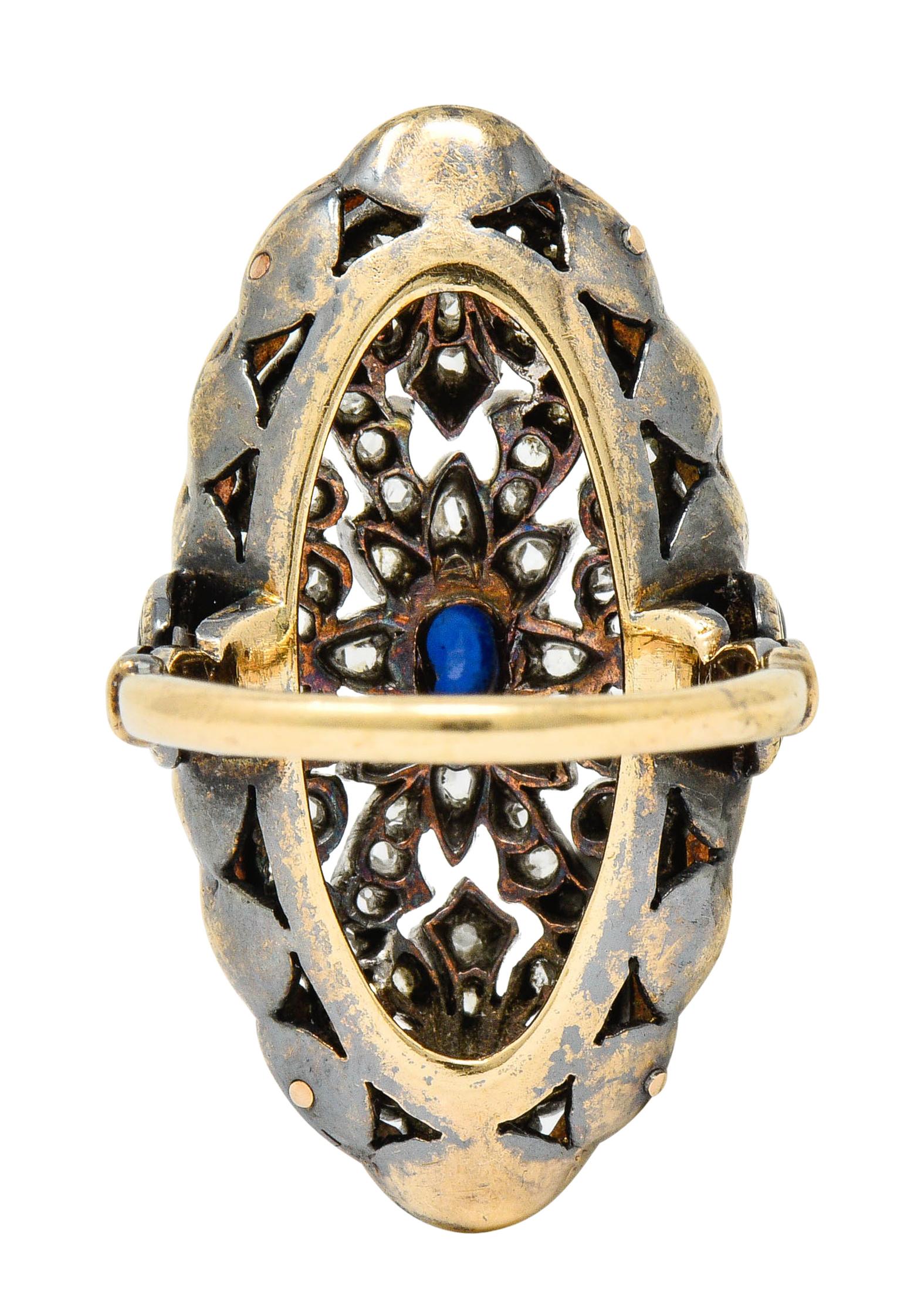 Women's or Men's Victorian Diamond Sapphire Enamel Silver-Topped 14 Karat Gold Dinner Ring