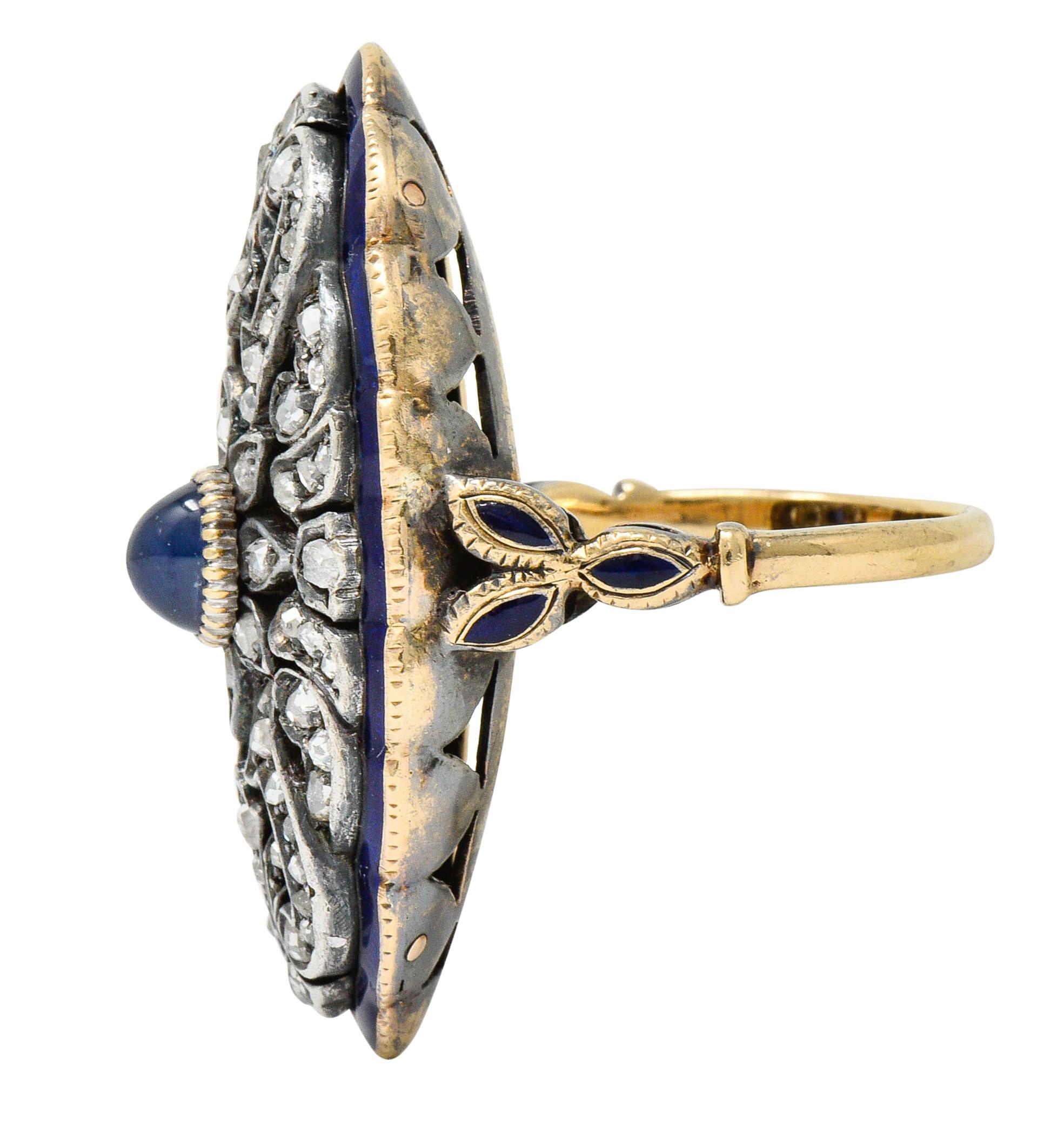 Victorian Diamond Sapphire Enamel Silver-Topped 14 Karat Gold Dinner Ring 1