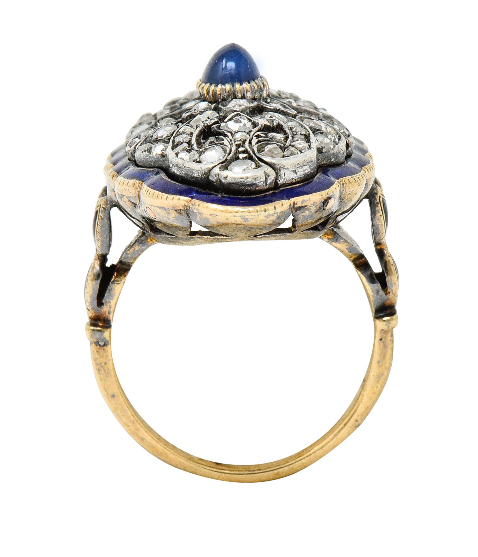 Victorian Diamond Sapphire Enamel Silver-Topped 14 Karat Gold Dinner Ring 3