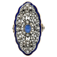 Victorian Diamond Sapphire Enamel Silver-Topped 14 Karat Gold Dinner Ring