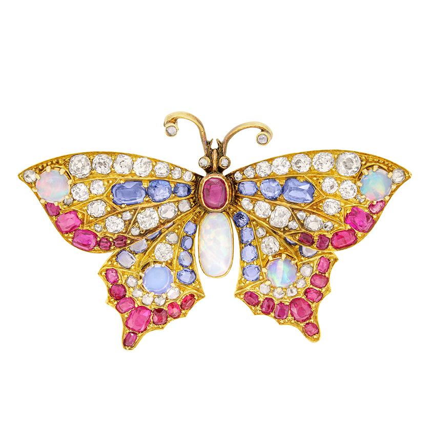 Old Mine Cut Victorian Diamond, Sapphire, Ruby and Opal butterfly brooch, c.1880s For Sale