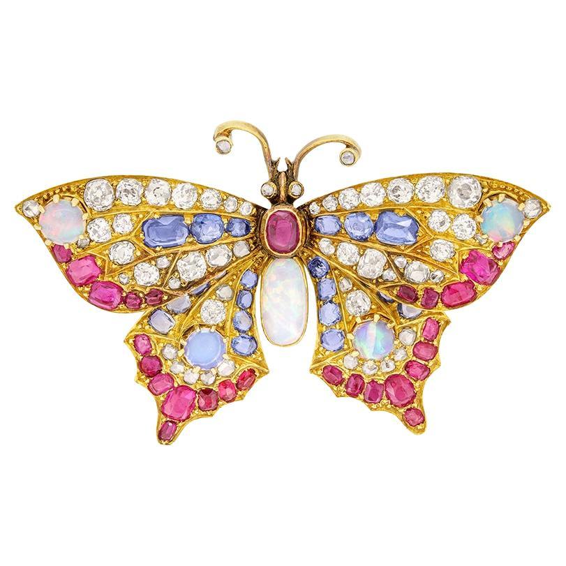 Broche papillon victorienne en diamant, saphir, rubis et opale, années 1880