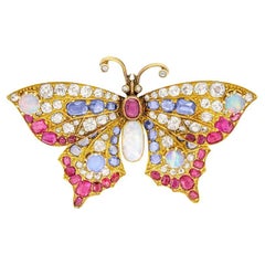 Broche papillon victorienne en diamant, saphir, rubis et opale, années 1880
