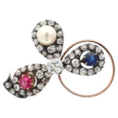 Victorian Diamond Sapphire Ruby Pearl 14KYG/SS Antique Bow Brooch Pin