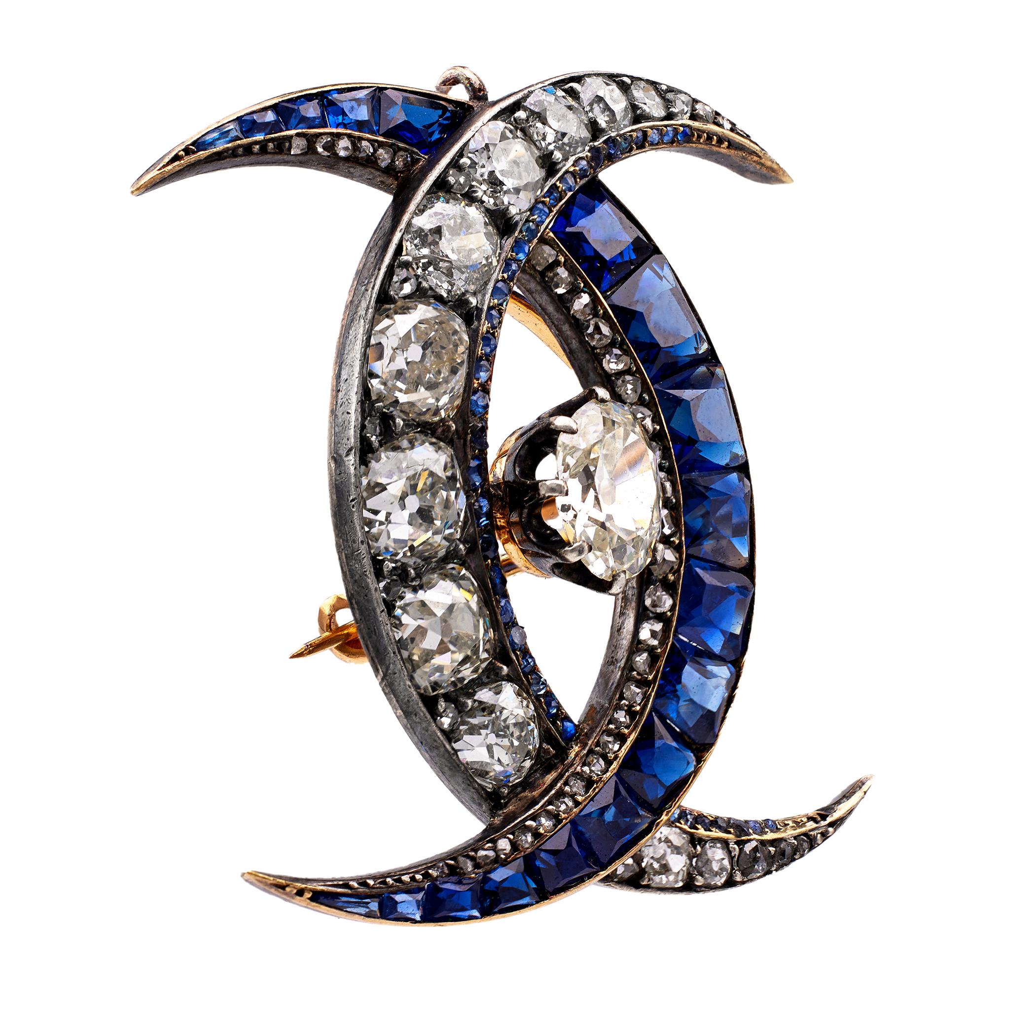 Victorian Diamond Sapphire Silver 18k Gold Double Crescent Moon Brooch Pendant In Good Condition In Beverly Hills, CA