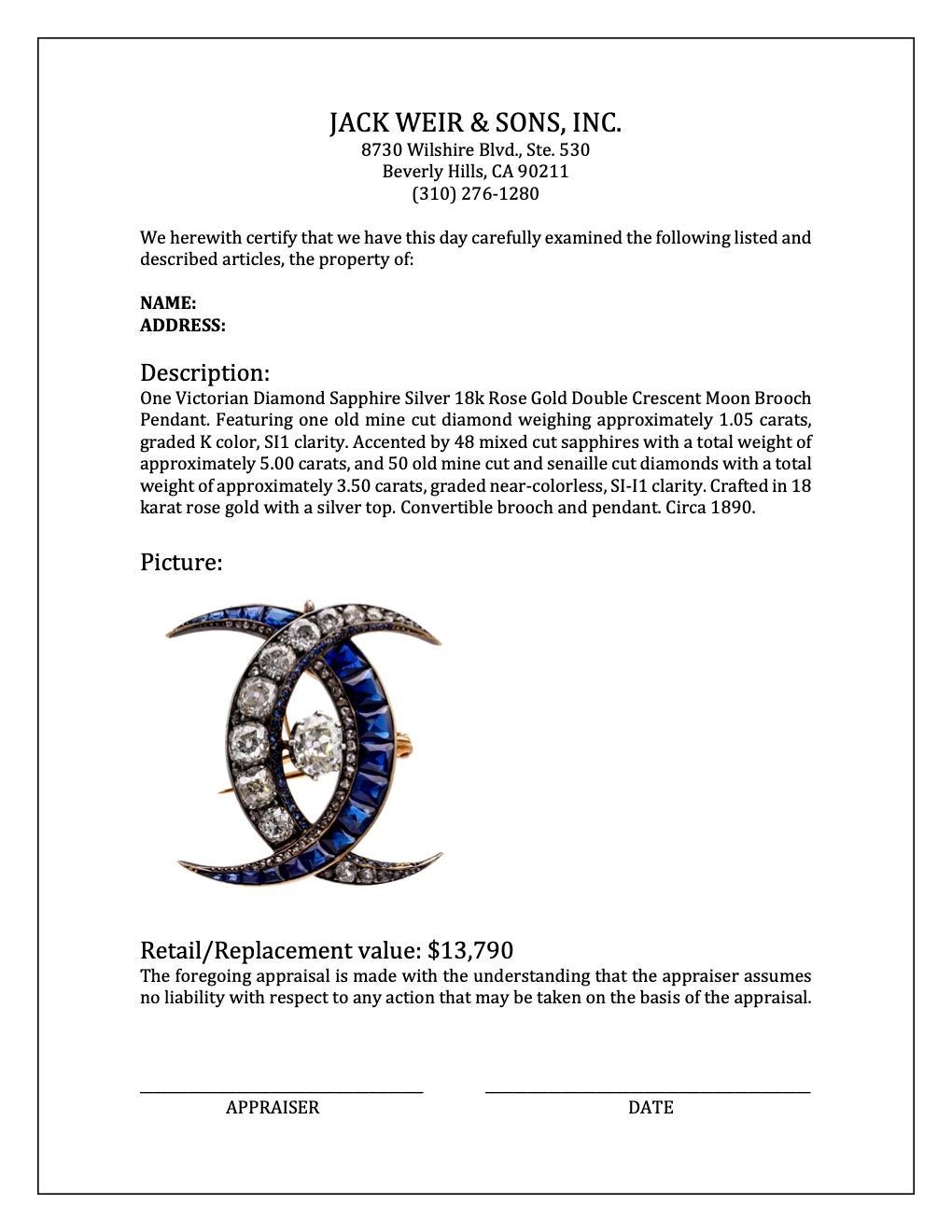 Women's or Men's Victorian Diamond Sapphire Silver 18k Gold Double Crescent Moon Brooch Pendant