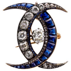 Victorian Diamond Sapphire Silver 18k Gold Double Crescent Moon Brooch Pendant
