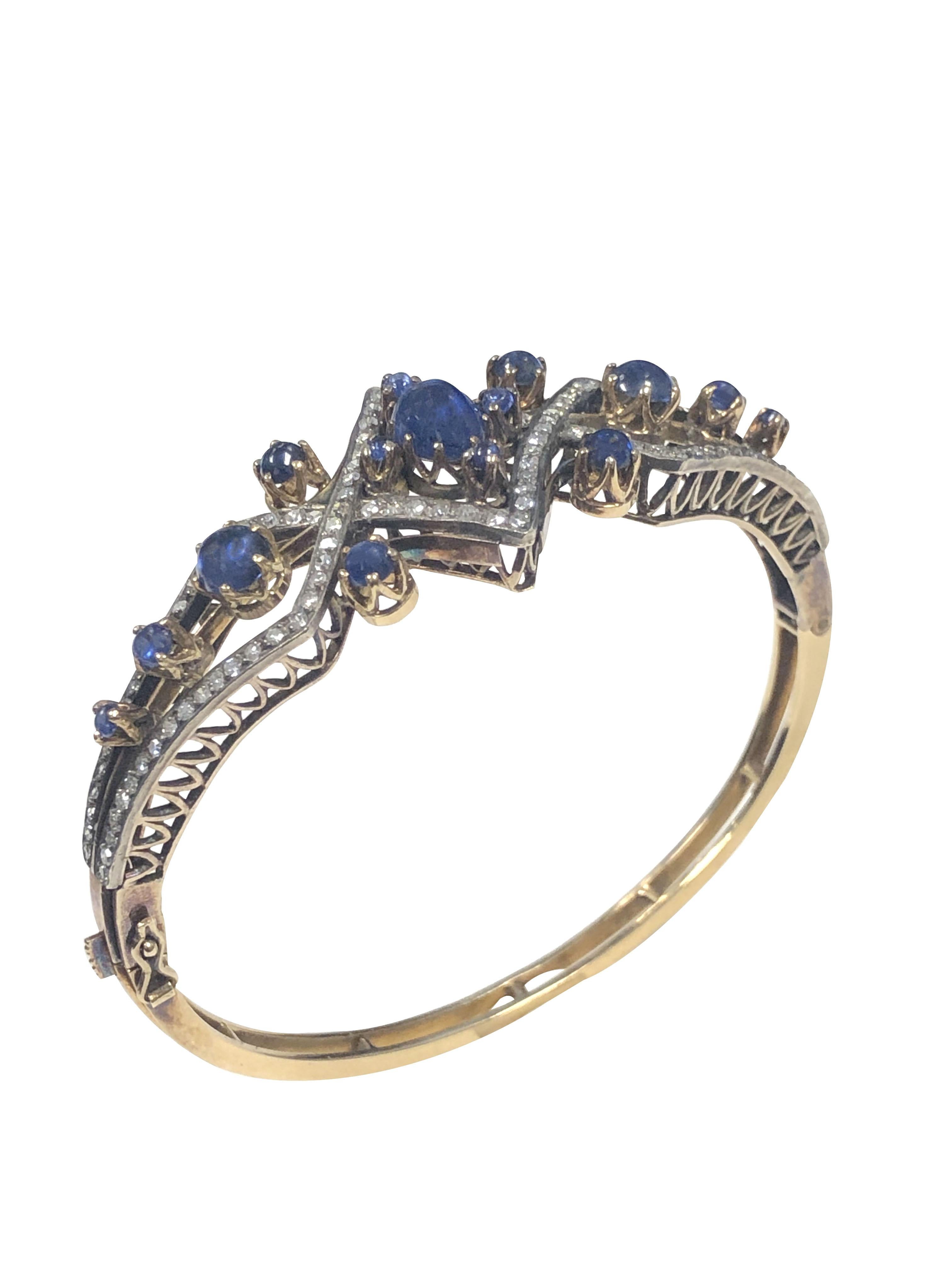 Cabochon Victorian Diamond Sapphire Silver Top Gold Bangle Bracelet For Sale