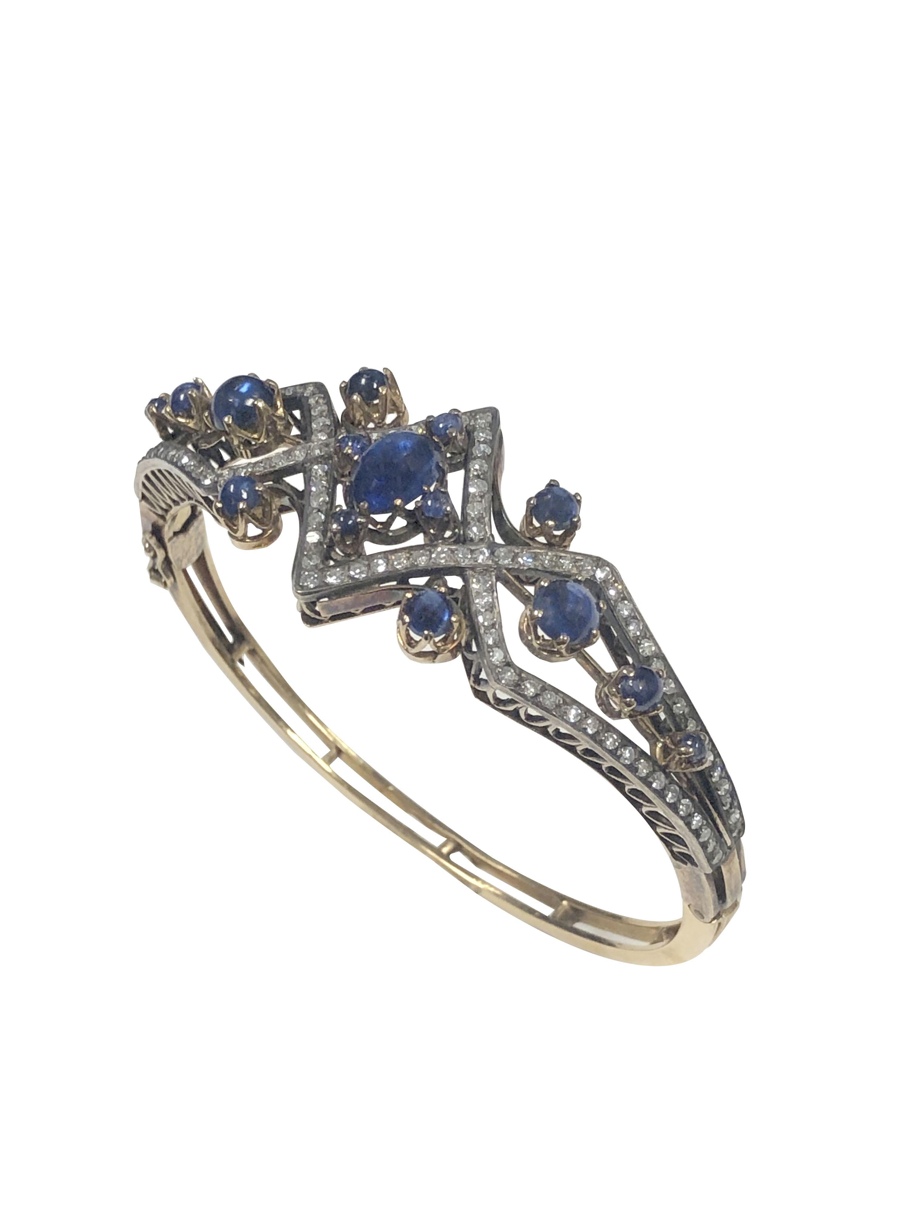 Victorian Diamond Sapphire Silver Top Gold Bangle Bracelet In Excellent Condition For Sale In Chicago, IL