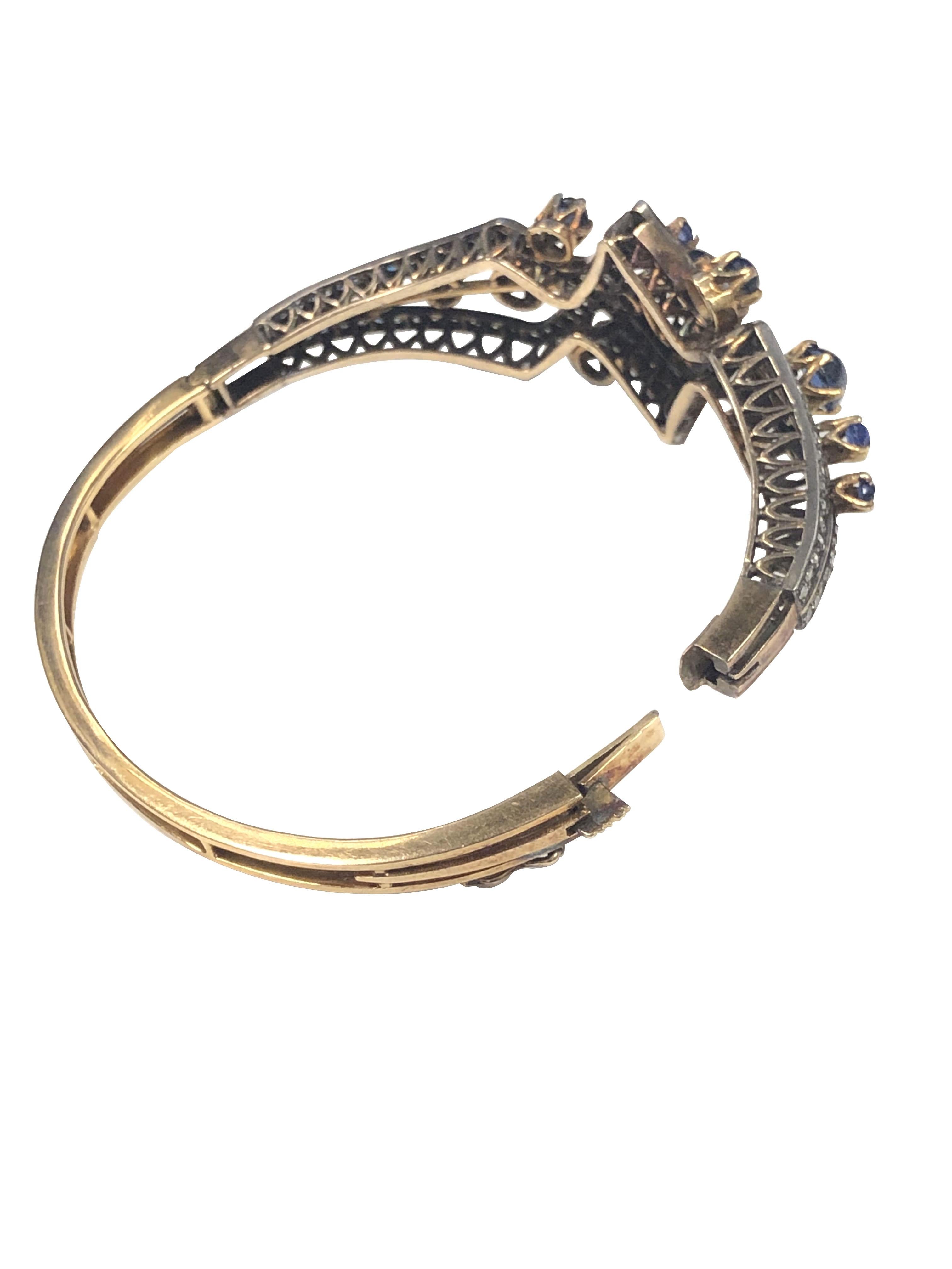Women's Victorian Diamond Sapphire Silver Top Gold Bangle Bracelet For Sale
