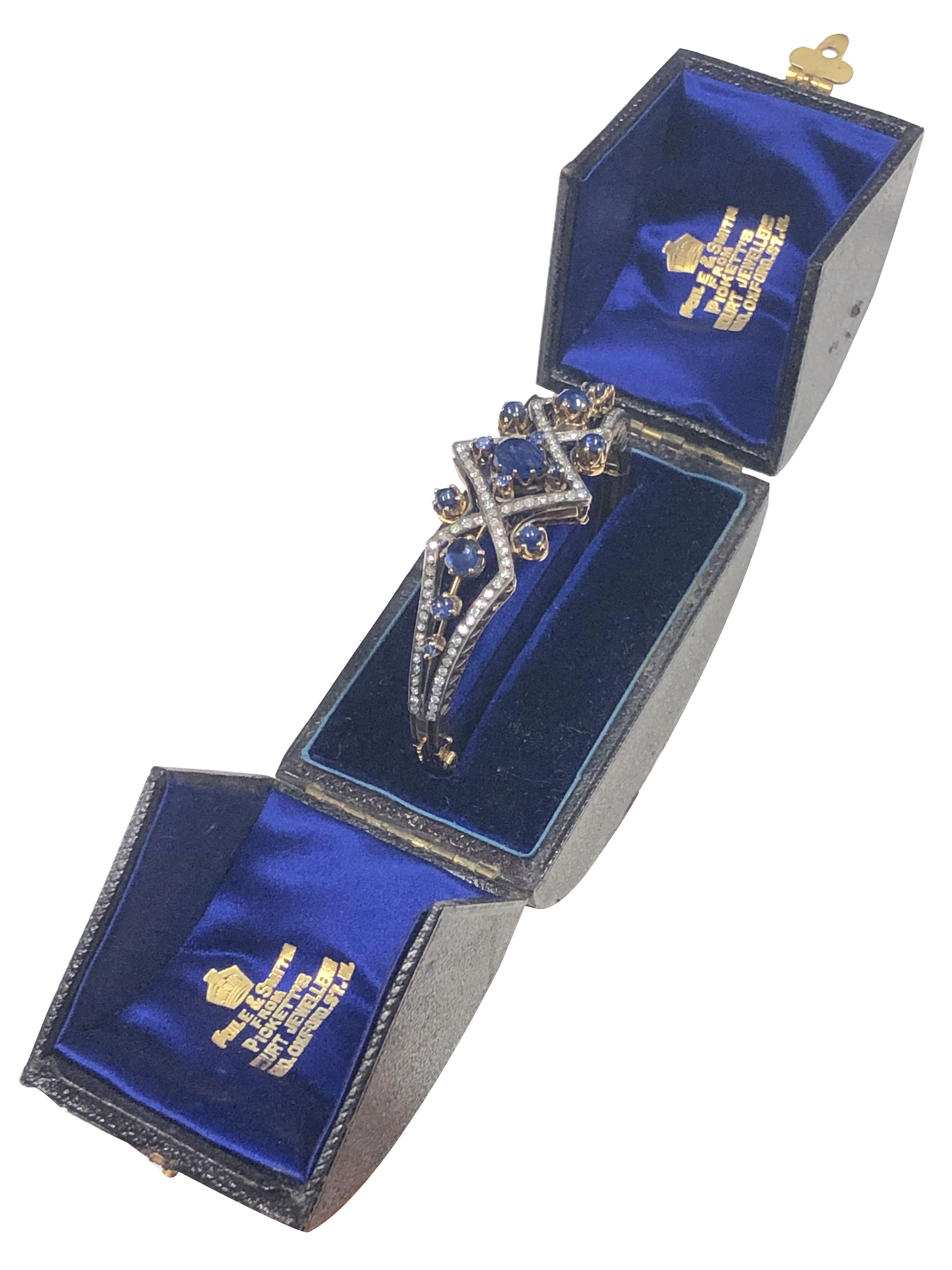 Victorian Diamond Sapphire Silver Top Gold Bangle Bracelet For Sale 1