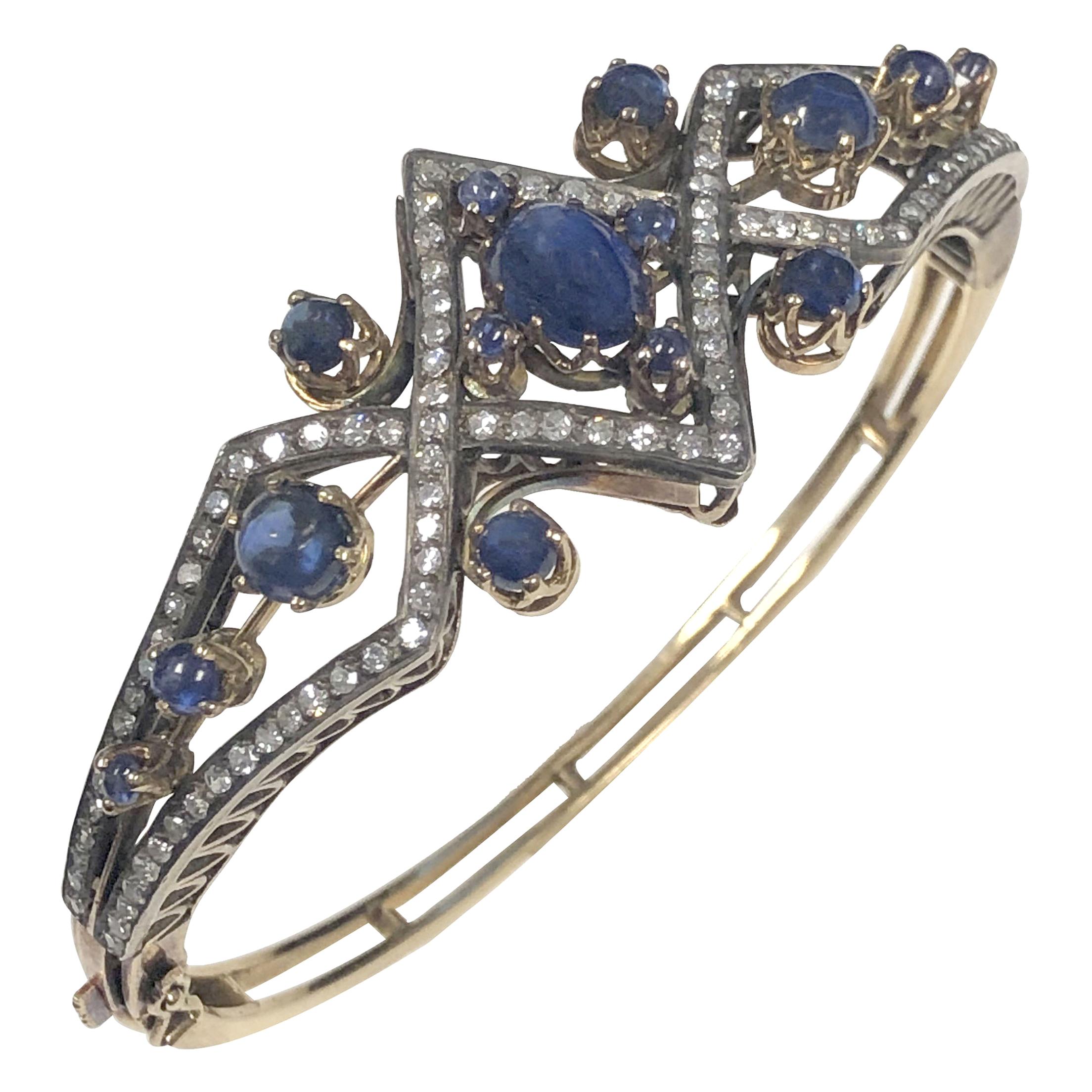 Victorian Diamond Sapphire Silver Top Gold Bangle Bracelet For Sale