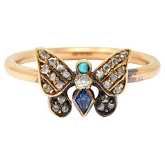Victorian Diamond Sapphire Turquoise 14 & 18 Karat Rose Gold Butterfly Ring