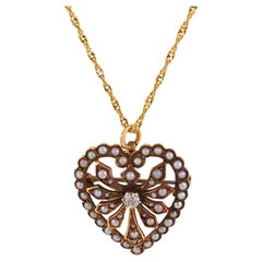 Victorian diamond seed pearl 14k yellow gold heart necklace brooch