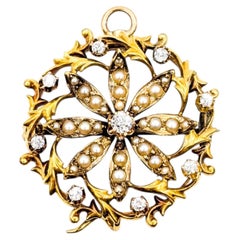 Spilla/pendente vittoriano con diamanti e perle di seme in oro giallo 14 carati