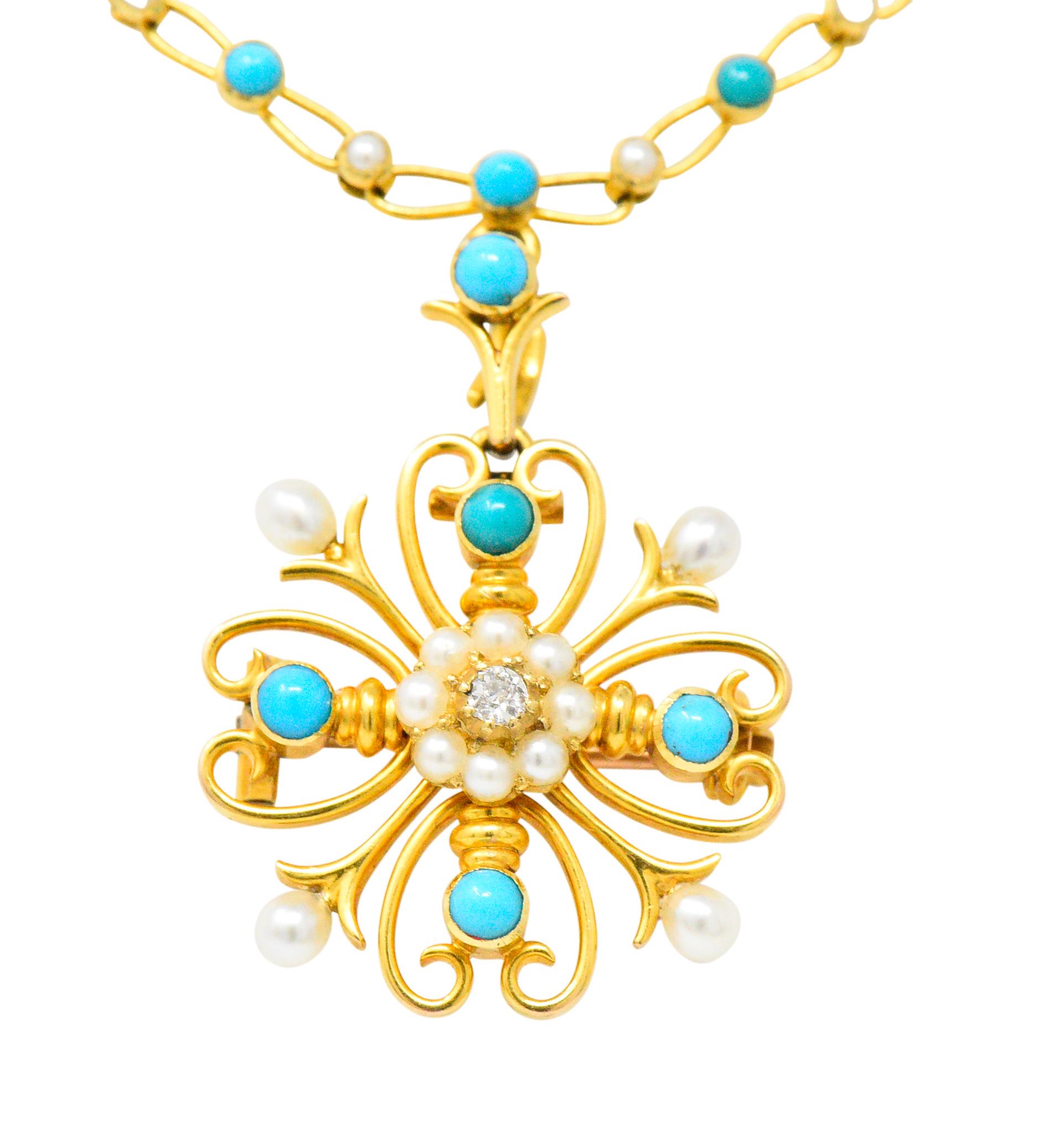 Old Mine Cut Victorian Diamond Seed Pearl Turquoise 18 Karat Gold Brooch Pendant Necklace