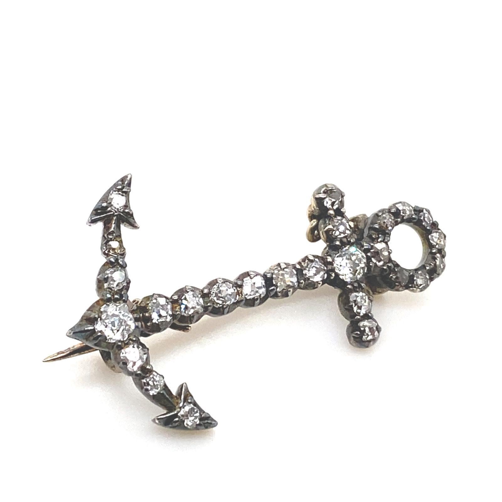 Old European Cut Victorian Diamond Set Anchor Brooch Silver and Yellow Gold