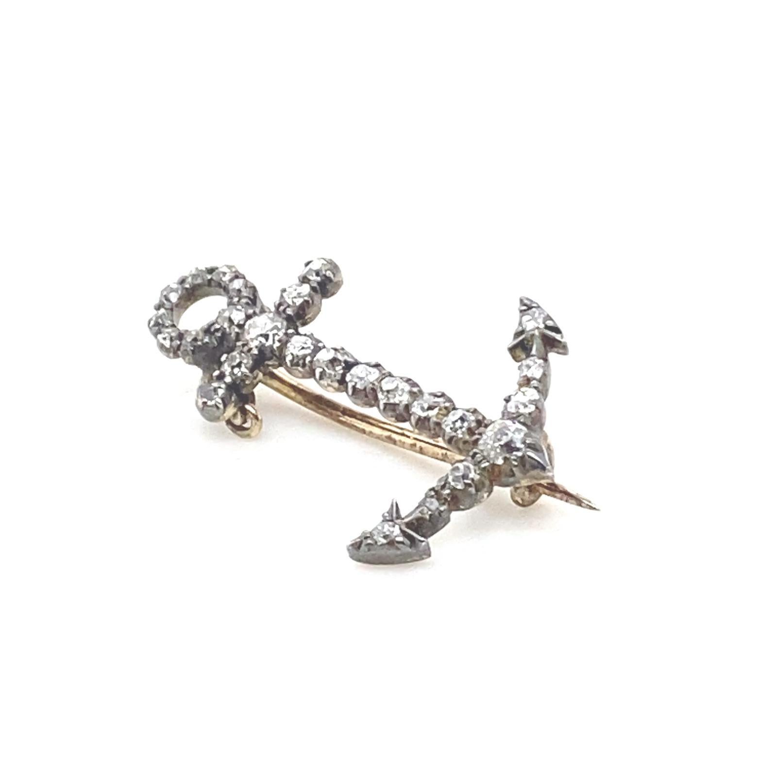 Women's or Men's Victorian Diamond Set Anchor Brooch Silver and Yellow Gold