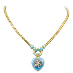 Victorian Diamond-Set Blue Enamel Heart Locket Necklace