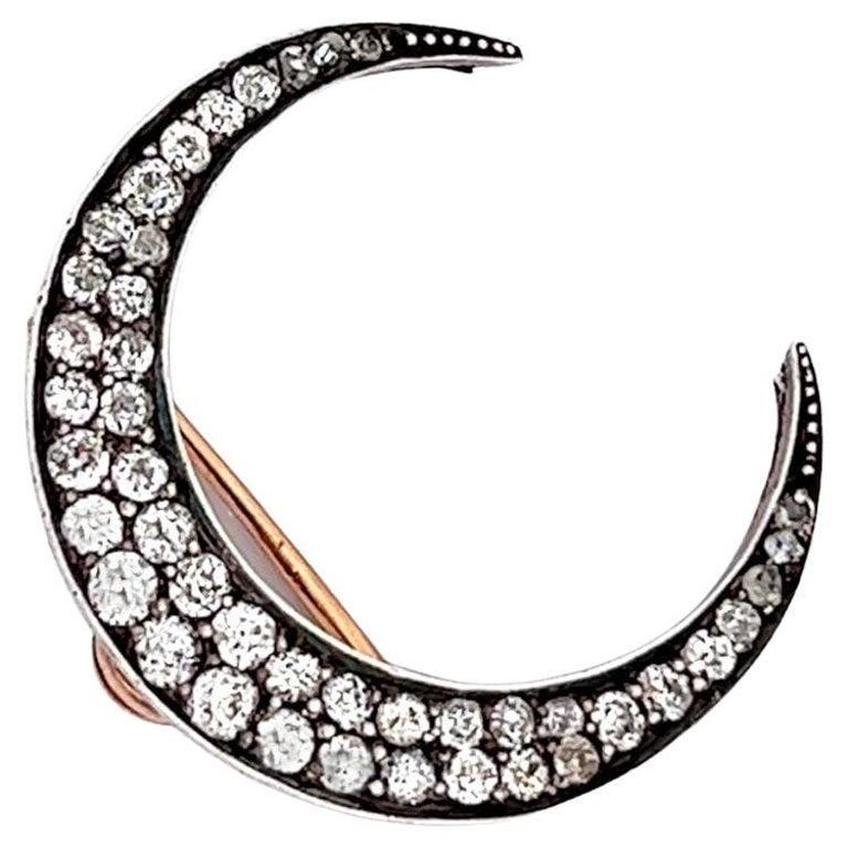 Victorian Diamond Silver 14 Karat Rose Gold Crescent Moon Brooch In Good Condition In Beverly Hills, CA