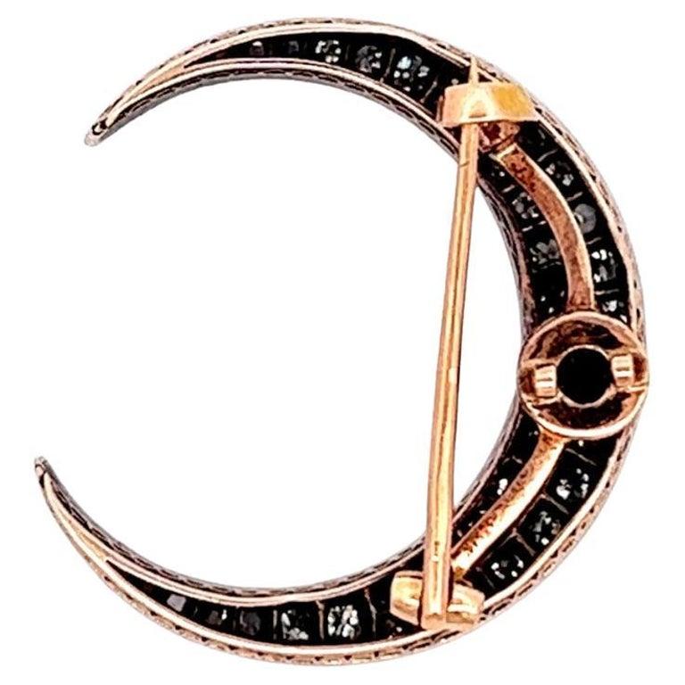 Women's or Men's Victorian Diamond Silver 14 Karat Rose Gold Crescent Moon Brooch