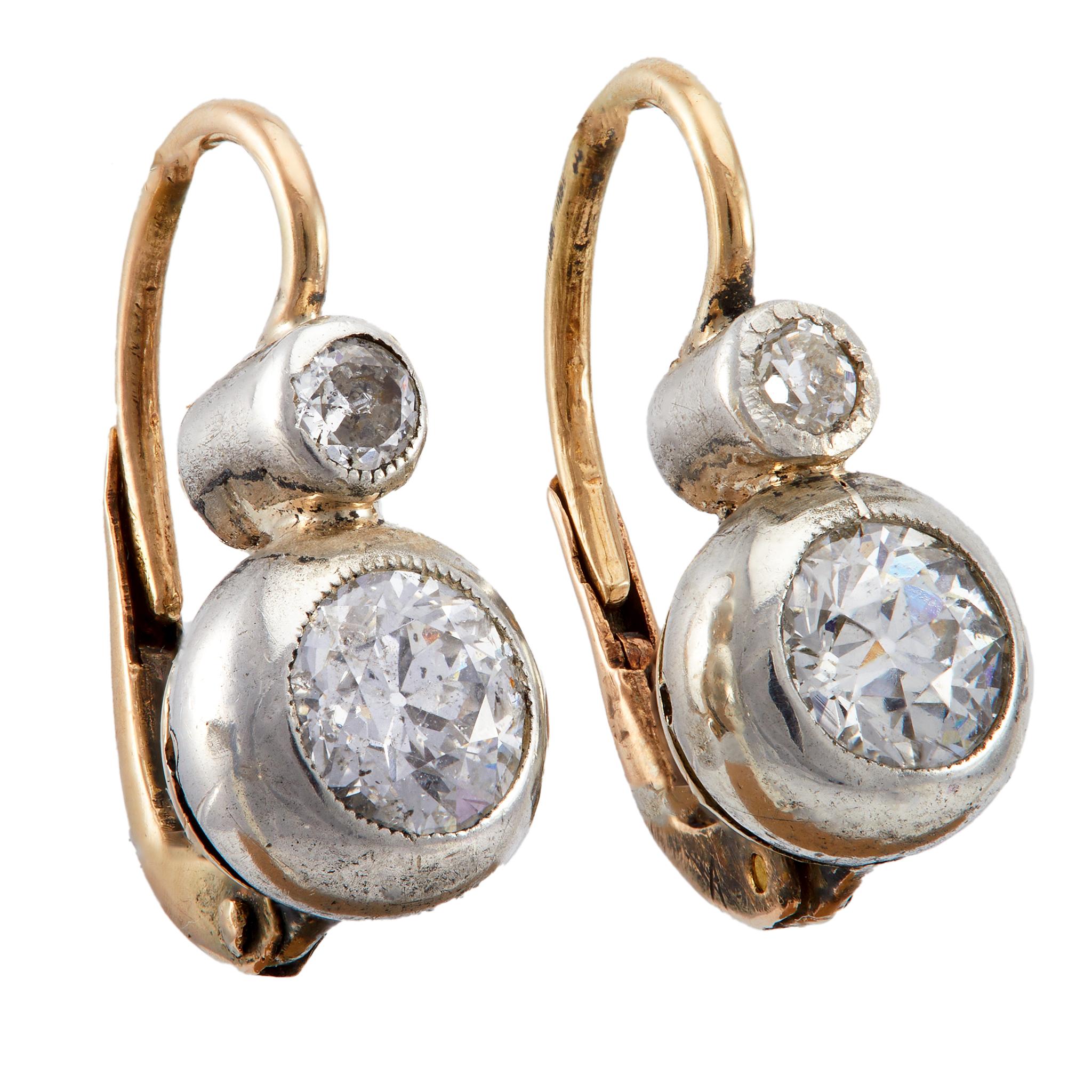 Women's or Men's Victorian Diamond Silver 14k Yellow Gold Drop Earrings