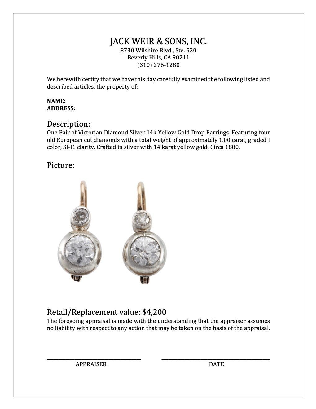 Victorian Diamond Silver 14k Yellow Gold Drop Earrings 1