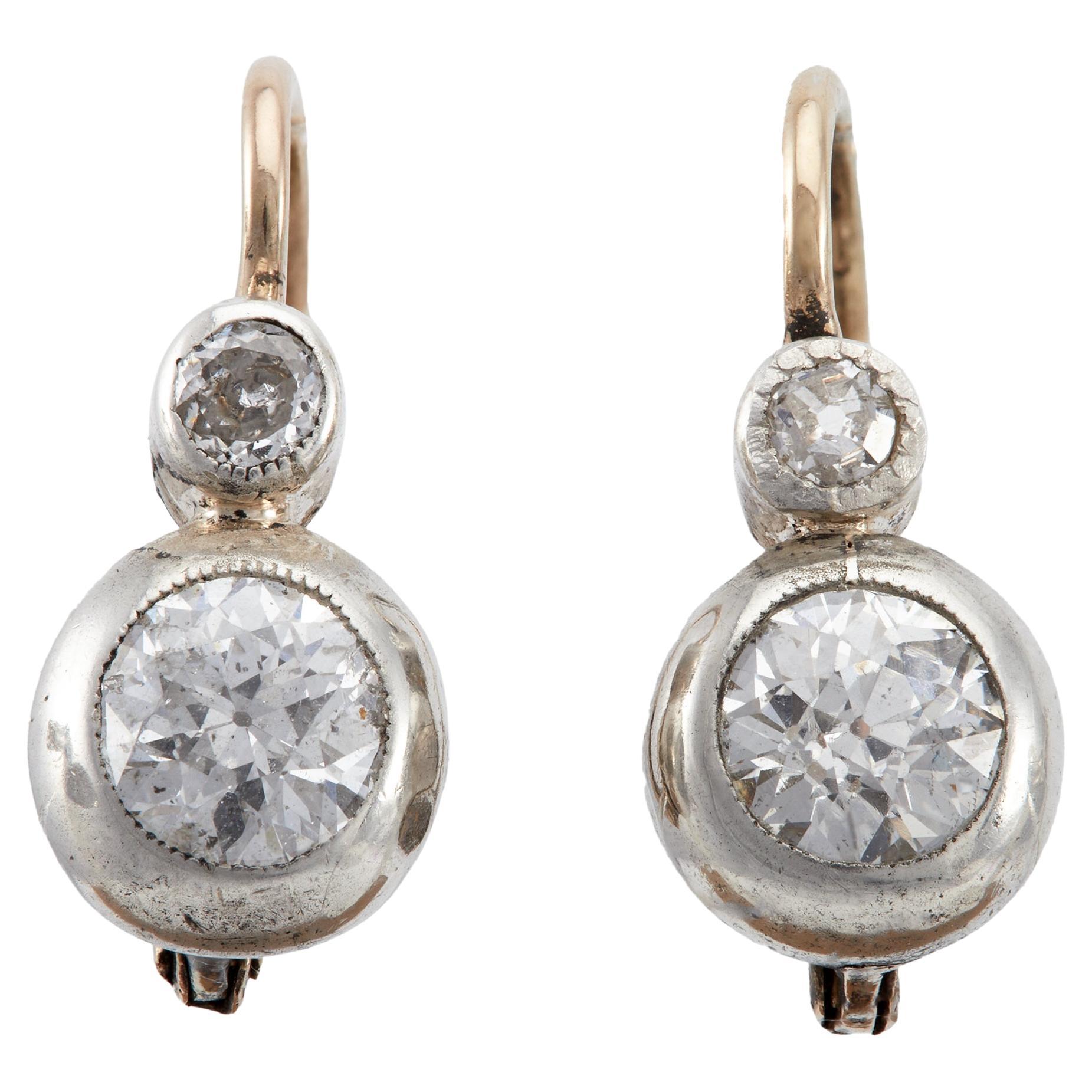 Victorian Diamond Silver 14k Yellow Gold Drop Earrings