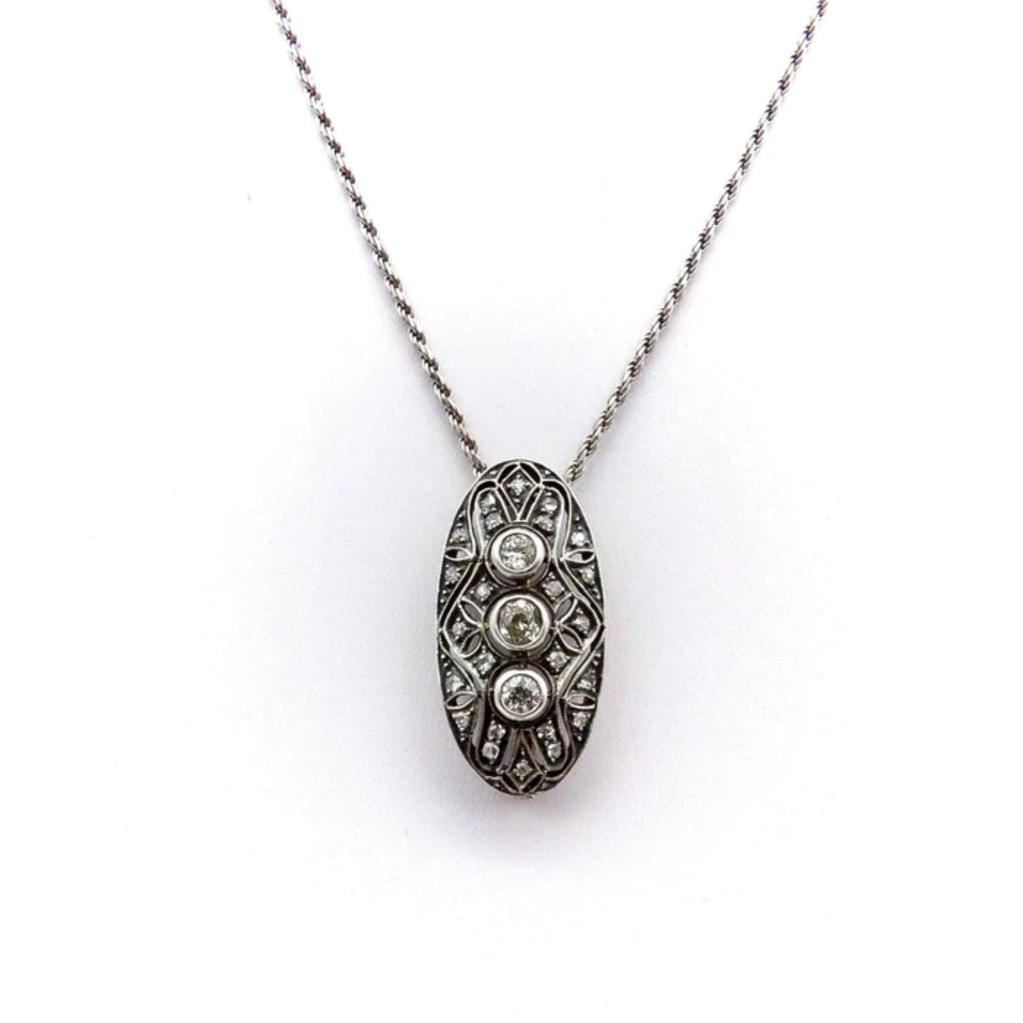 Old European Cut Victorian Diamond Silver Front Gold Backed Oval Brooch or Pendant For Sale