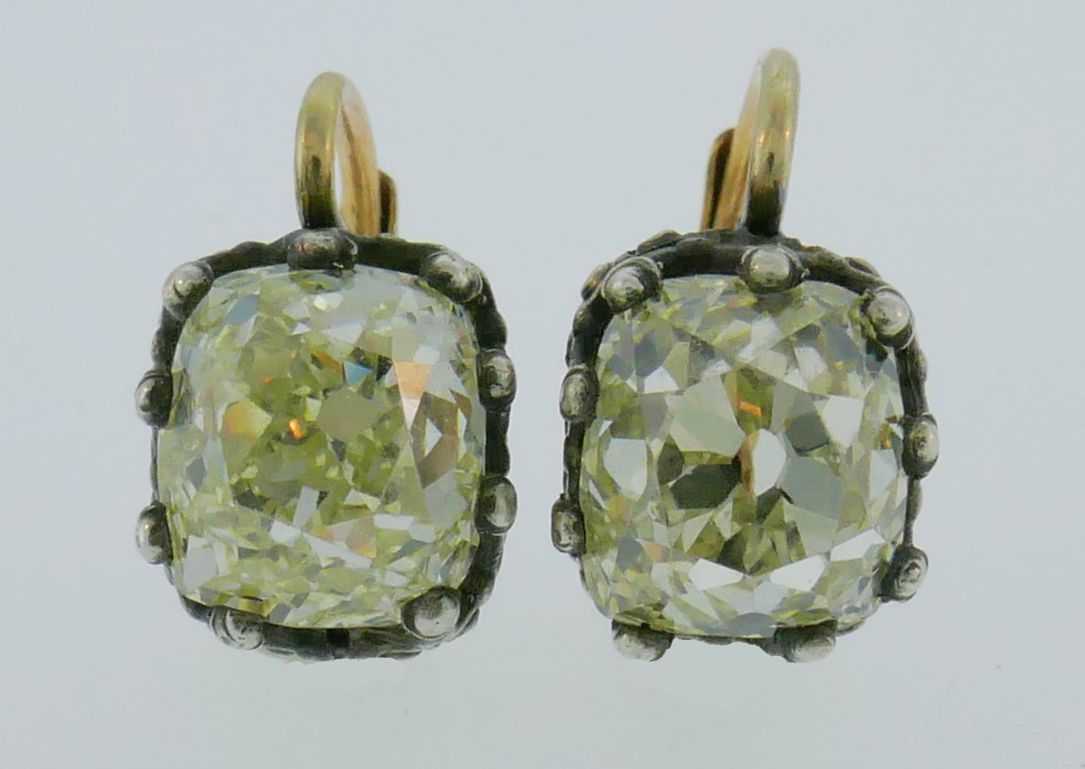 Old Mine Cut Victorian Diamond Silver Gold Drop Stud Earrings, Antique