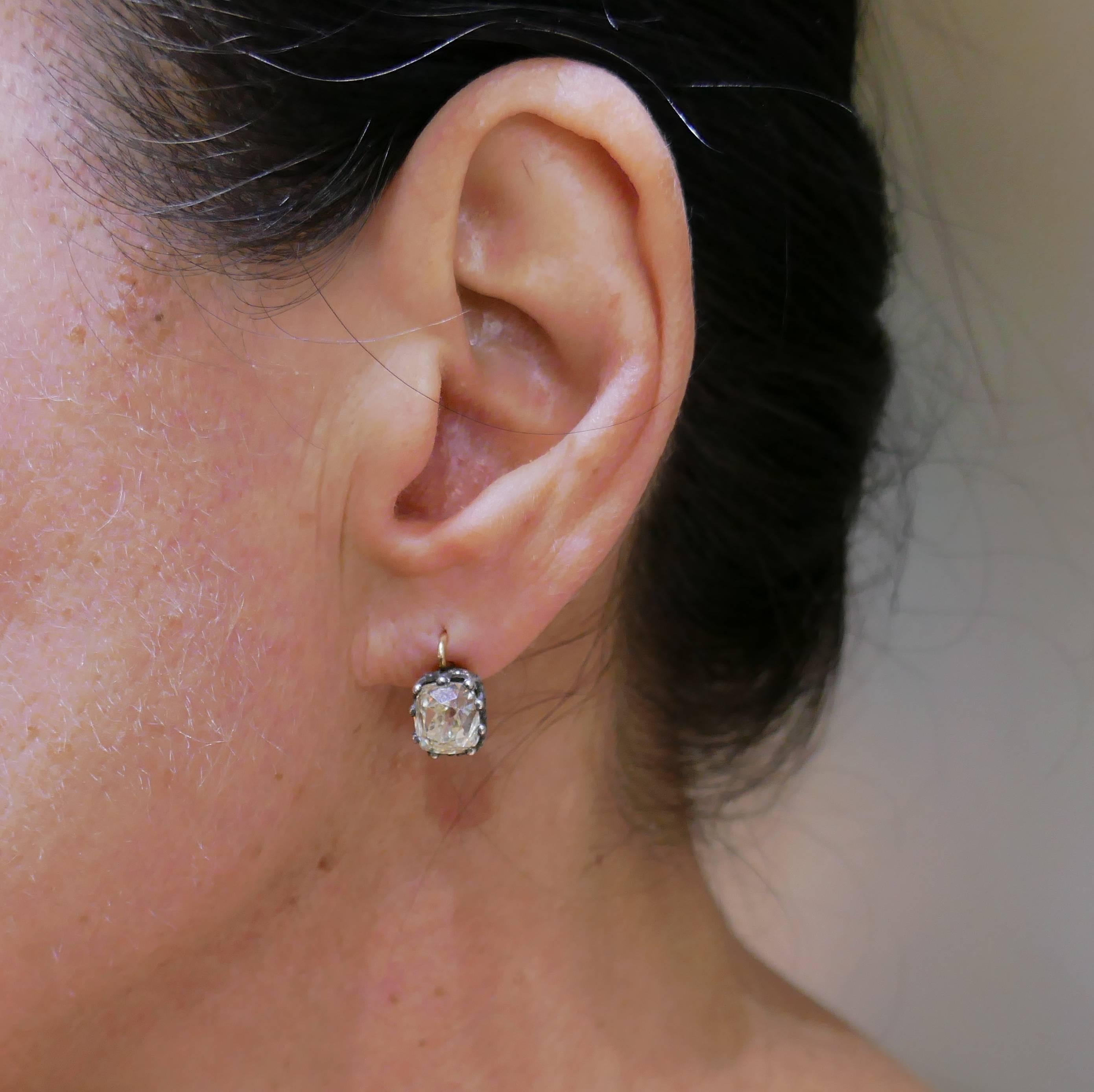 Victorian Diamond Silver Gold Drop Stud Earrings, Antique 4
