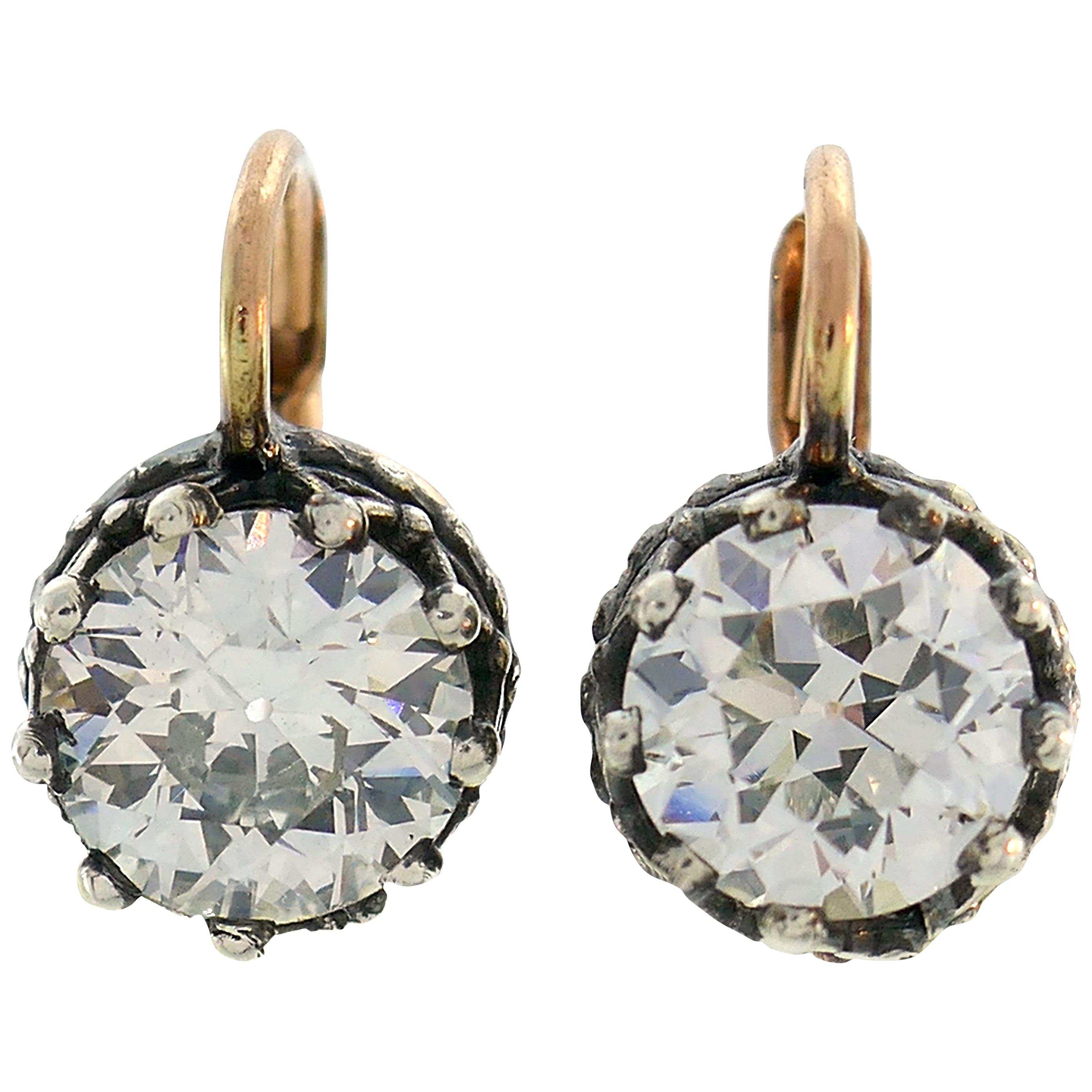 Victorian Diamond Silver Gold Drop Stud Earrings, Antique