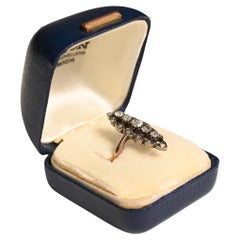 Victorian Silver Ring. Five Old Euro Cut Diamond 14K Yellow Gold Ring Navette
