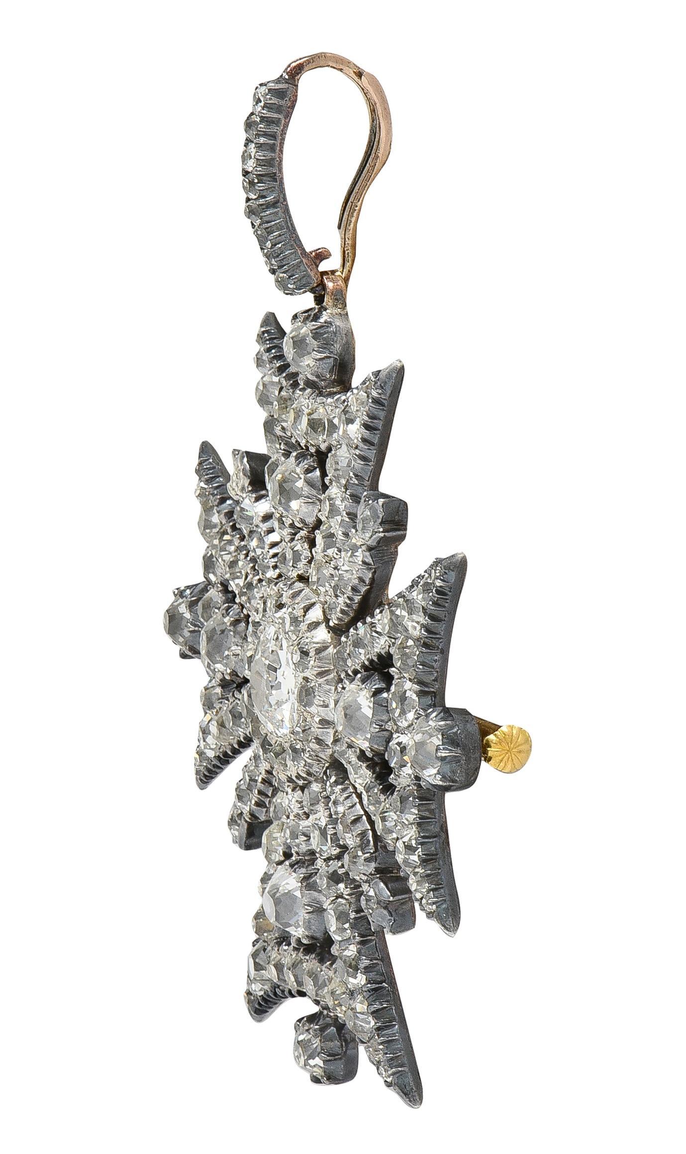 Old Mine Cut Victorian Diamond Silver-Topped 18K Gold Antique Maltese Cross Pendant Brooch For Sale