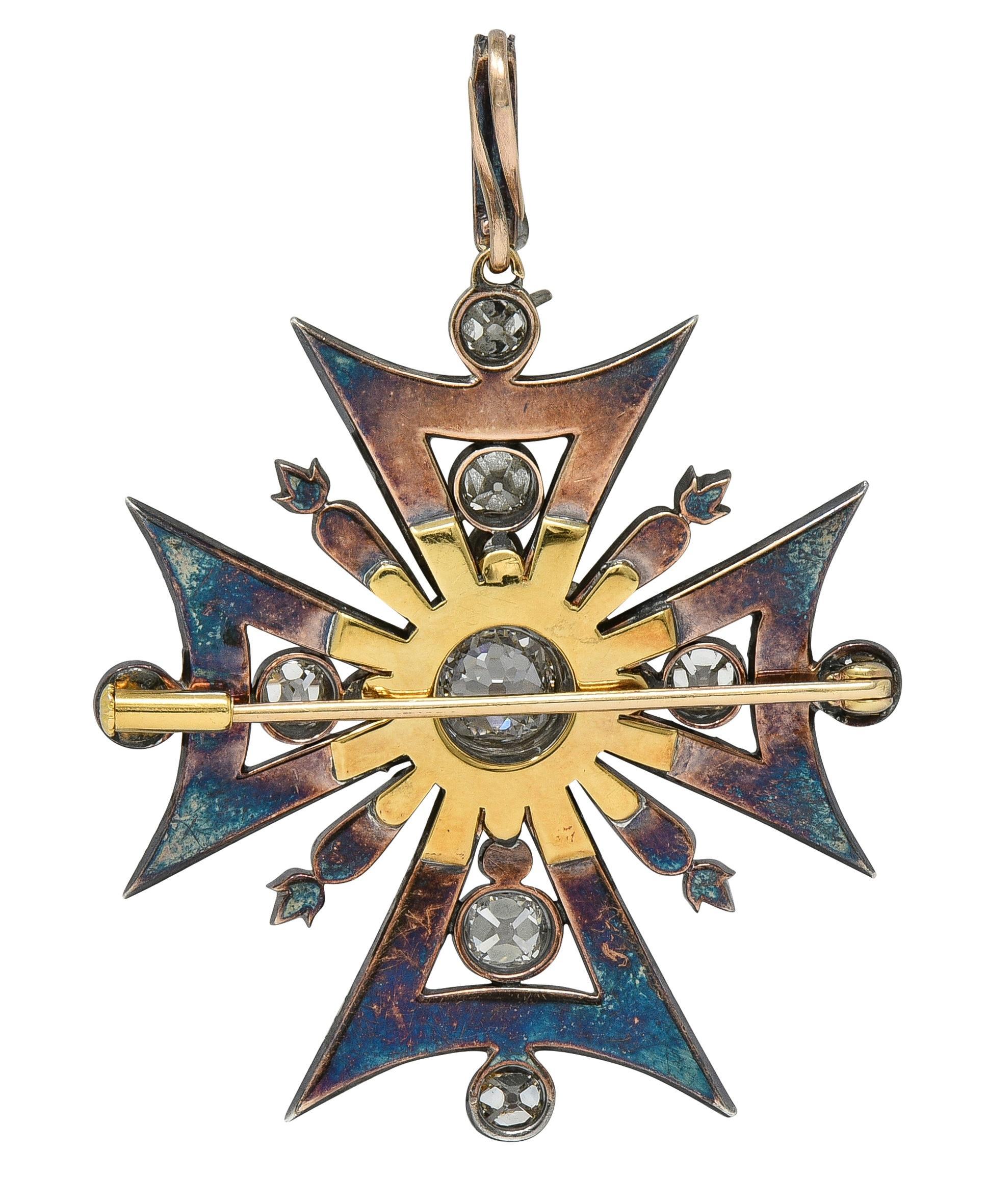 Victorian Diamond Silver-Topped 18K Gold Antique Maltese Cross Pendant Brooch In Excellent Condition For Sale In Philadelphia, PA