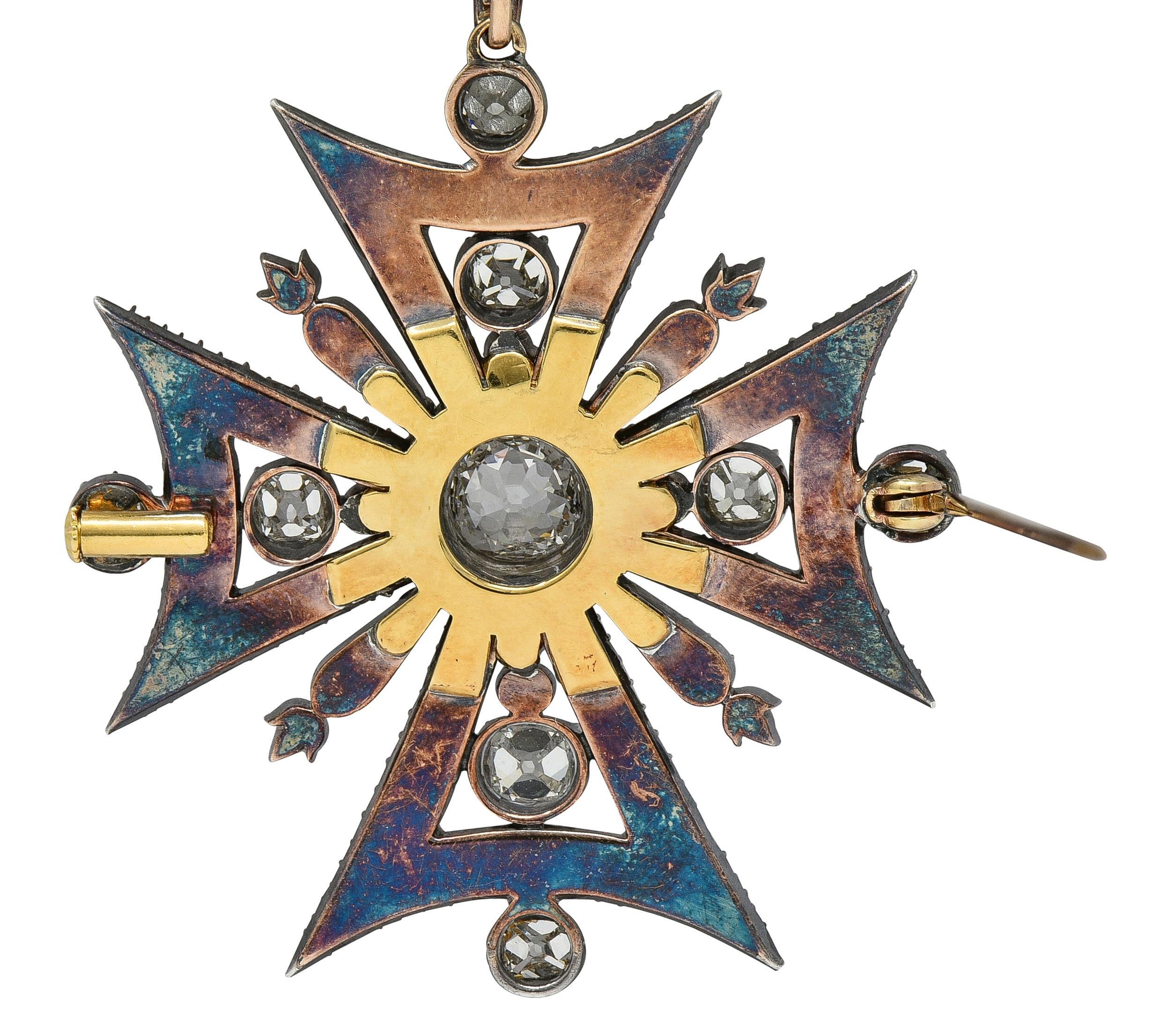 Victorian Diamond Silver-Topped 18K Gold Antique Maltese Cross Pendant Brooch For Sale 1