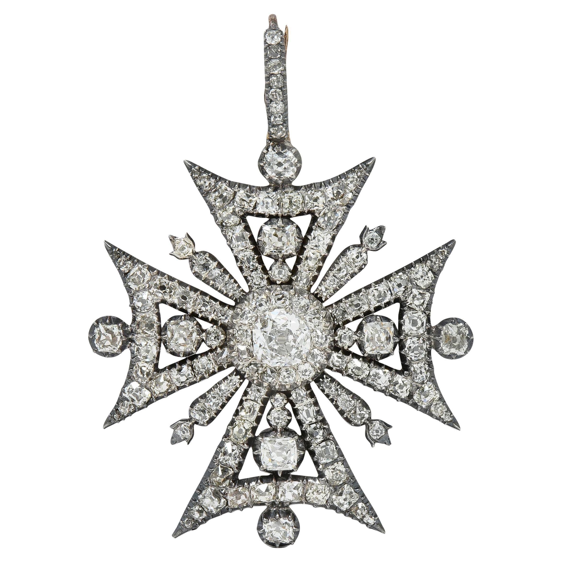 Victorian Diamond Silver-Topped 18K Gold Antique Maltese Cross Pendant Brooch For Sale