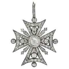 Victorian Diamond Silver-Topped 18K Gold Antique Maltese Cross Pendant Brooch