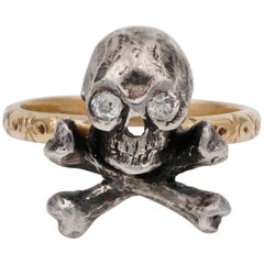 Victorian Diamond Skull Crossed Bones Silver 18 Karat Gold Rare Ring