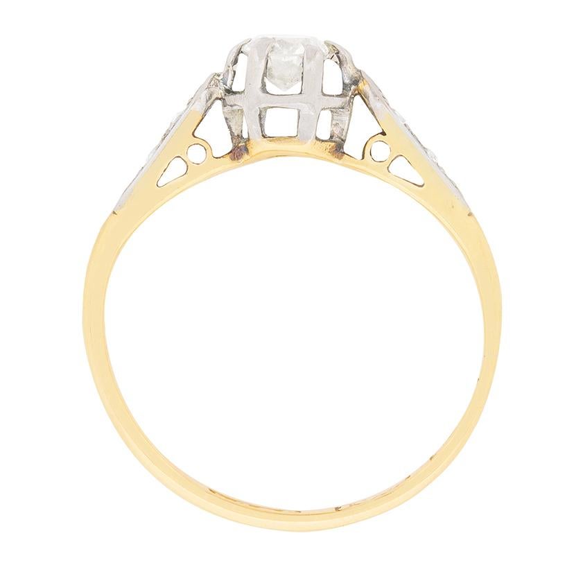 A delicate little diamond solitaire dating back to the 1900s. The Victorian design is evident throughout the design of the ring which highlights a 0.20 carat diamond. It has been estimated as I in colour and VS in clarity. It is claw set and