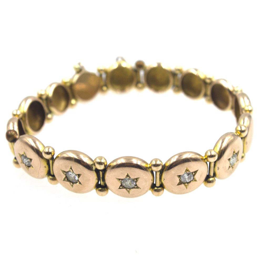 Victorian Old Mine Cut Diamond 14 Karat Yellow Gold Button Bracelet In Excellent Condition In Boca Raton, FL