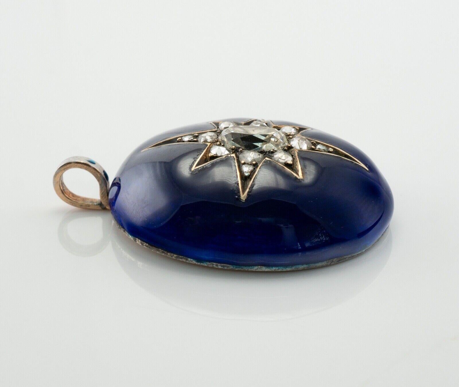 Victorian Diamond Star Blue Enamel Pendant 14K Gold Antique, C. 1890 For Sale 5