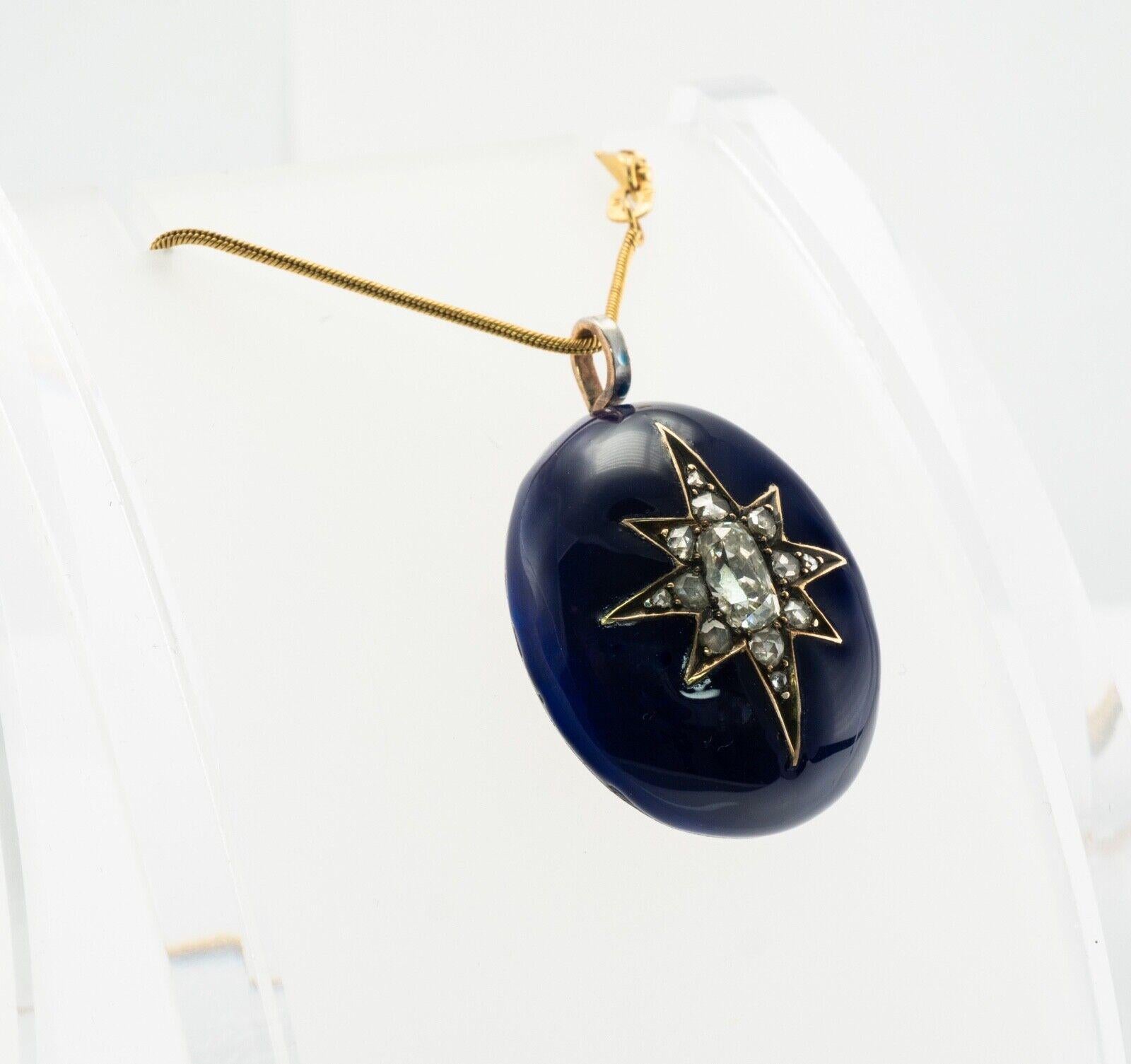 Victorian Diamond Star Blue Enamel Pendant 14K Gold Antique c. 1890

This absolutely gorgeous antique circa 1890s pendant is finely crafted in 14K Yellow Gold (carefully tested and guaranteed). Eight pointed star on the top of royal blue enamel has