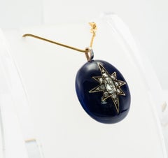 Victorian Diamond Star Blue Enamel Pendant 14K Gold Antique, C. 1890