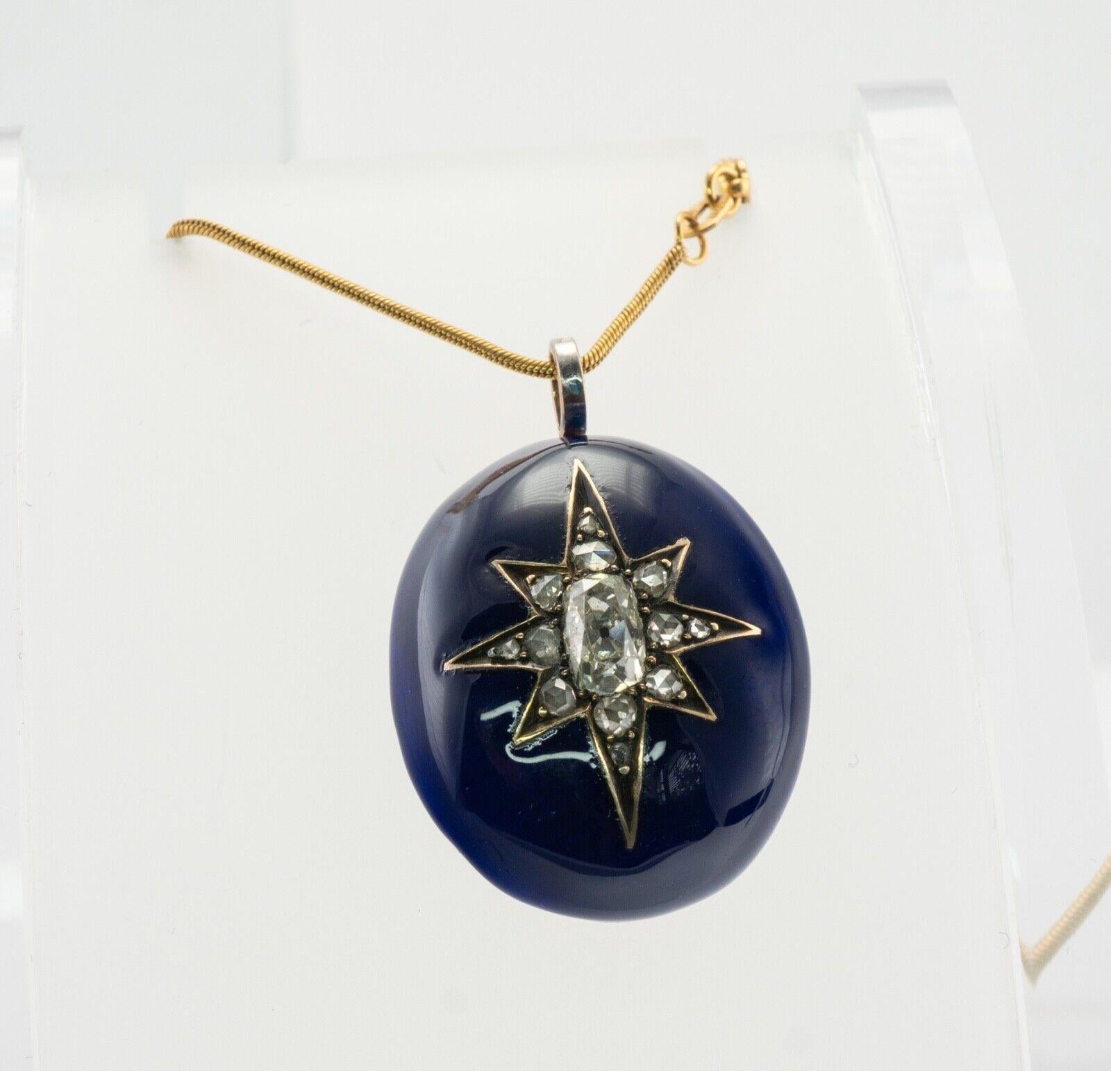 Victorian Diamond Star Blue Enamel Pendant 14K Gold Antique, C. 1890 In Good Condition For Sale In East Brunswick, NJ