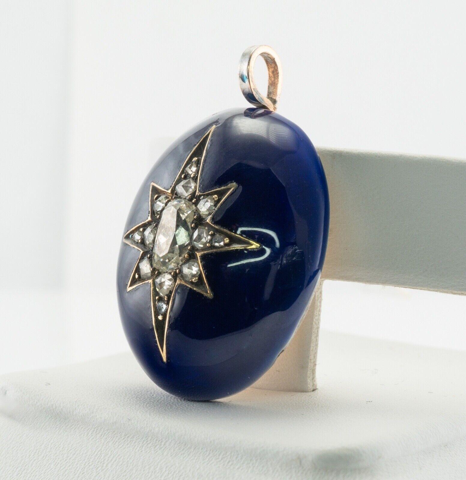 Victorian Diamond Star Blue Enamel Pendant 14K Gold Antique, C. 1890 For Sale 3